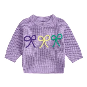 Mardi Gras Toddler Girl Sweater with Embroidered Bow