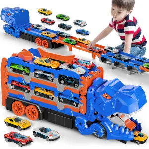 59in Foldable And Catapult Dinosaur Transport Truck With 12 Die-Cast Racing Cars