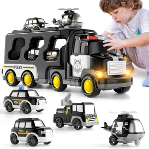 5 In 1 Police Truck Sets Kids Toys Cars Toddler Carrier Truck Pull Back Cars Transport Vehicles