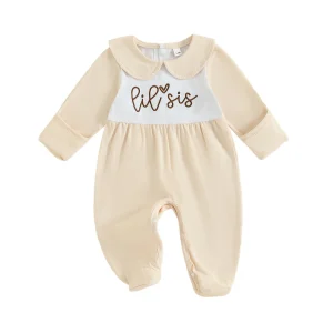Adorable Infant Girls Autumn Footed Romper with Embroidered Letters Long Sleeves and Sweet Doll Collar for a Cozy and
