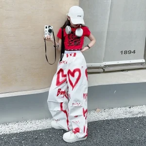 2026 summer spring teens tracksuit Girls cloth heart graffiti 1pc t-shirt top or long wide leg pant Kid 4 6 7 8 9 10 12 14 year