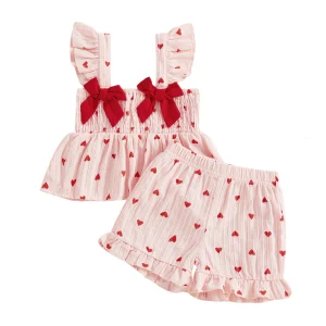 Adorable Baby Girls Valentine s Day Heart Print Ruffle Sleeve Top