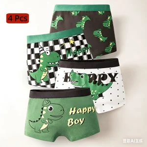 4-piece set of cute green dinosaur print cotton breathable boxer shorts