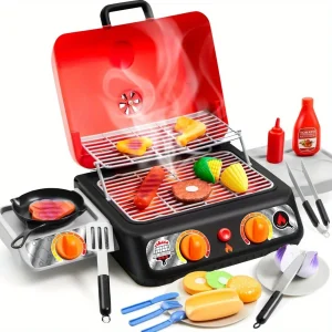 JOYFY Kids BBQ Grill Playset Kitchen Toy Set with Pretend Smoke Light Color-Changing Food for Boys Girls Kids Birthday Gift
