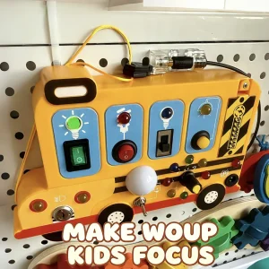 This interactive, school-bus-themed busy board